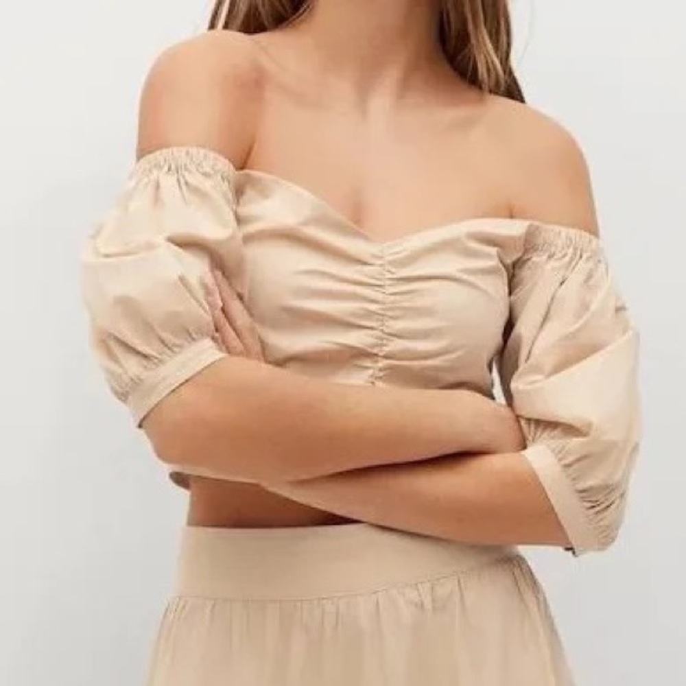 Mango Off Shoulder Puff Sleeve Crop Top Beige Venice